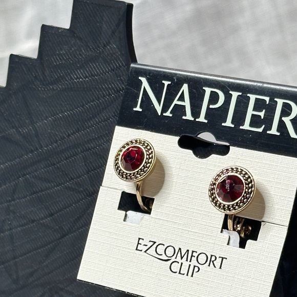 Napier Gold & Garnet Red Comfort Clip Earrings NWT Gifts - Picture 8 of 10